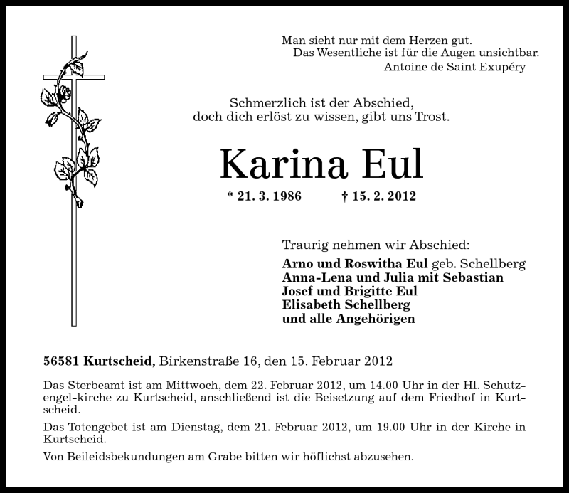  Traueranzeige für Karina Eul vom 20.02.2012 aus Rhein-Zeitung