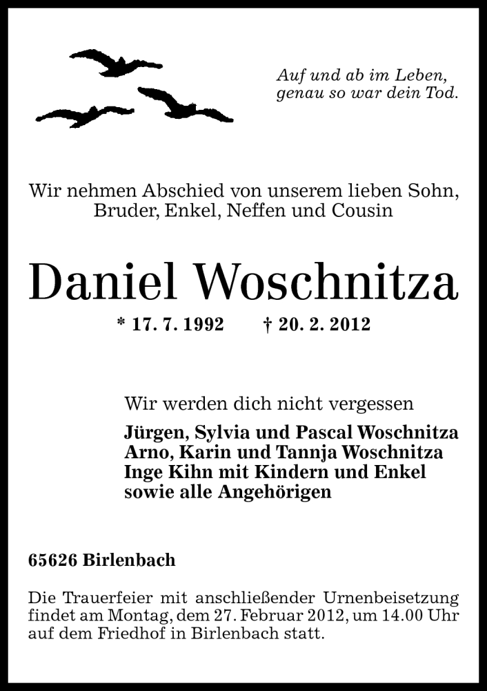  Traueranzeige für Daniel Woschnitza vom 25.02.2012 aus Rhein-Lahn-Zeitung