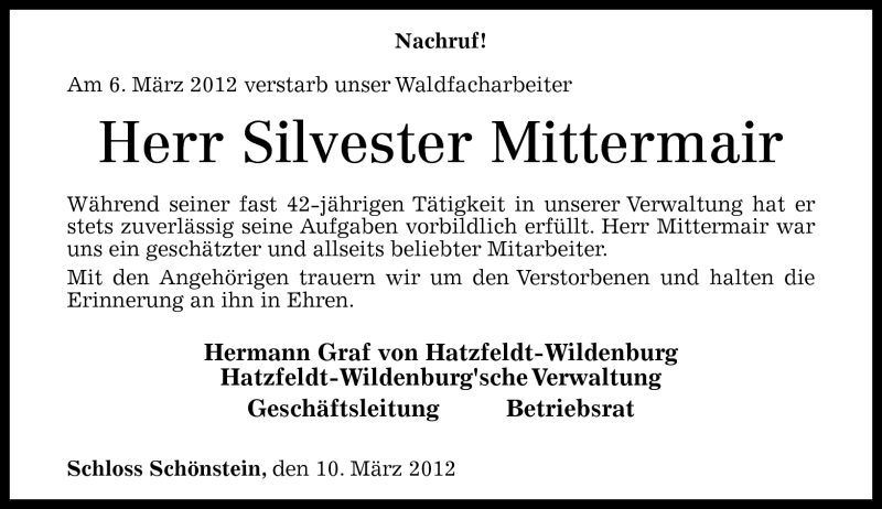  Traueranzeige für Silvester (Vestl) Mittermair vom 10.03.2012 aus Rhein-Zeitung
