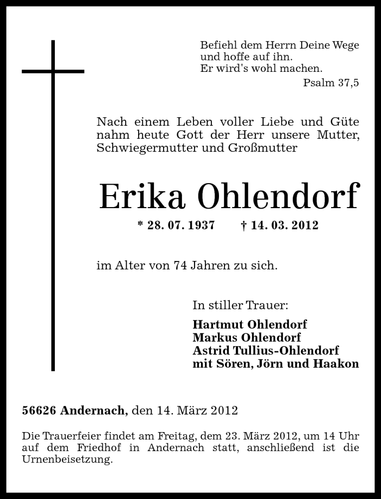  Traueranzeige für Erika Ohlendorf vom 17.03.2012 aus Rhein-Zeitung