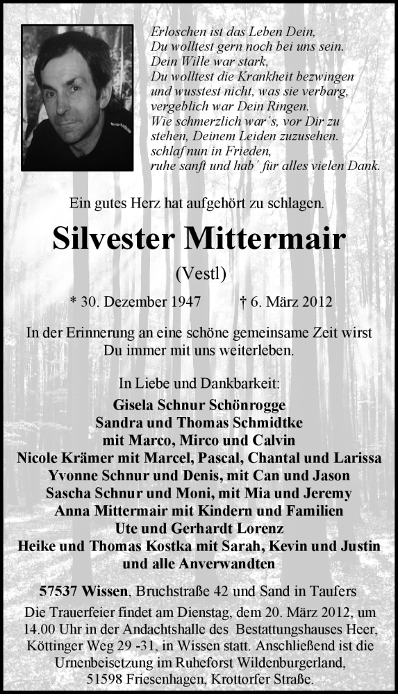  Traueranzeige für Silvester (Vestl) Mittermair vom 17.03.2012 aus Rhein-Zeitung