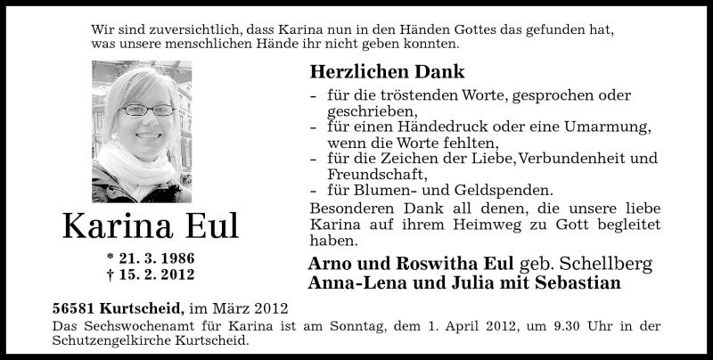  Traueranzeige für Karina Eul vom 24.03.2012 aus Rhein-Zeitung