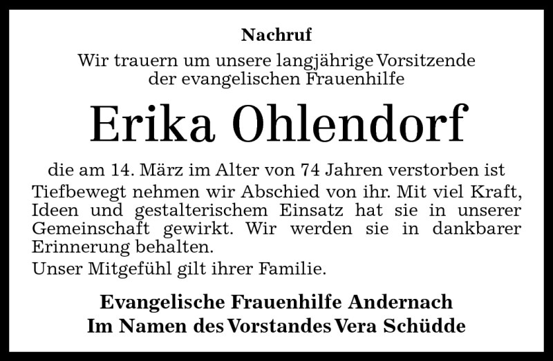  Traueranzeige für Erika Ohlendorf vom 24.03.2012 aus Rhein-Zeitung