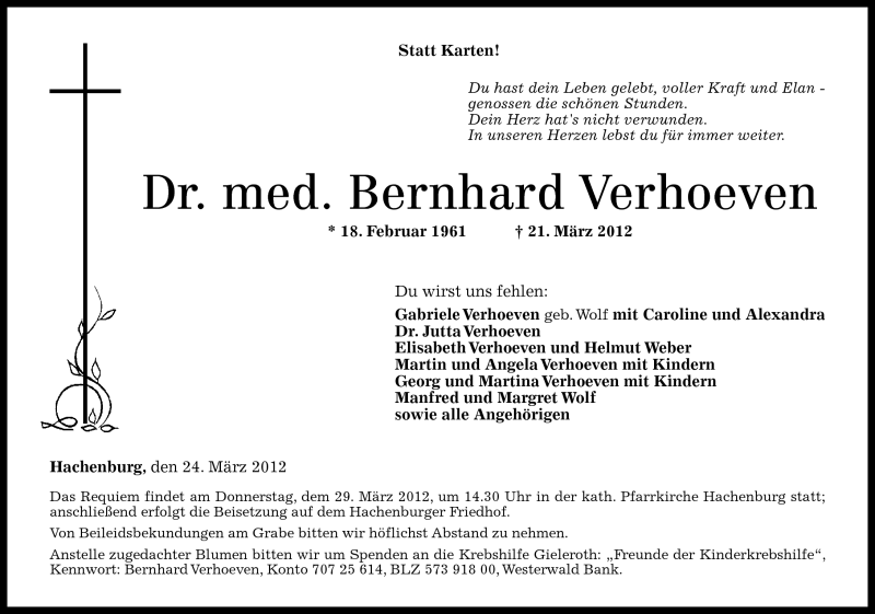  Traueranzeige für Bernhard Verhoeven vom 24.03.2012 aus Rhein-Zeitung