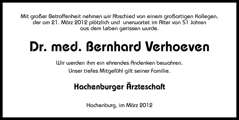  Traueranzeige für Bernhard Verhoeven vom 26.03.2012 aus Westerwälder Zeitung