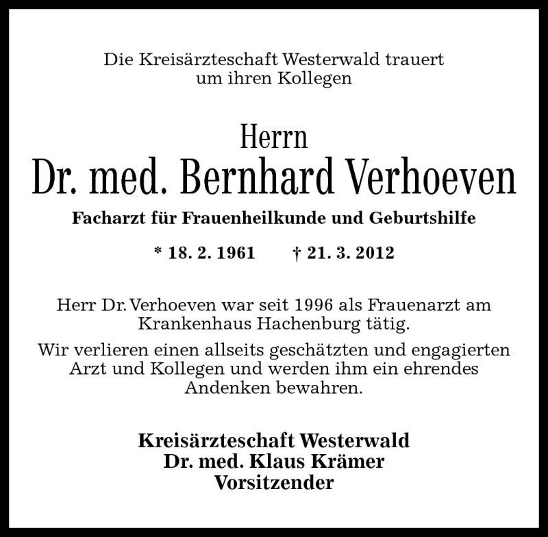  Traueranzeige für Bernhard Verhoeven vom 27.03.2012 aus Westerwälder Zeitung