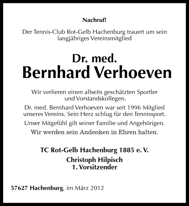 Traueranzeige für Bernhard Verhoeven vom 27.03.2012 aus Westerwälder Zeitung