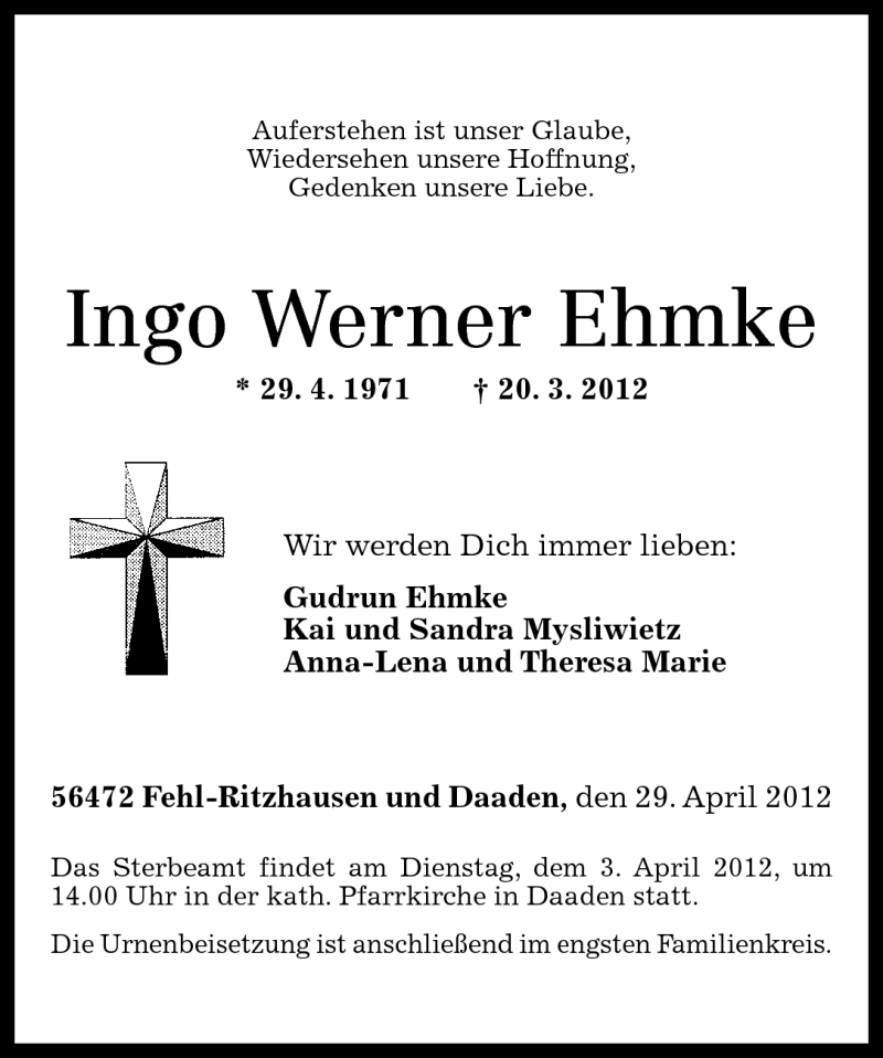  Traueranzeige für Ingo Werner Ehmke vom 29.03.2012 aus Rhein-Zeitung