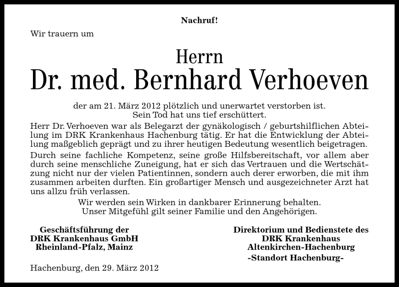  Traueranzeige für Bernhard Verhoeven vom 29.03.2012 aus Rhein-Zeitung