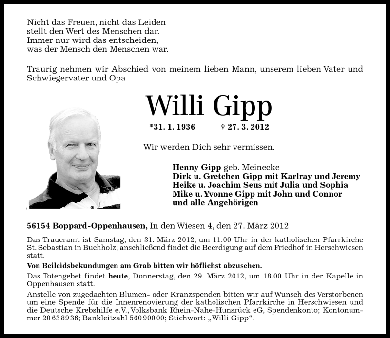  Traueranzeige für Willi Gipp vom 29.03.2012 aus Rhein-Zeitung