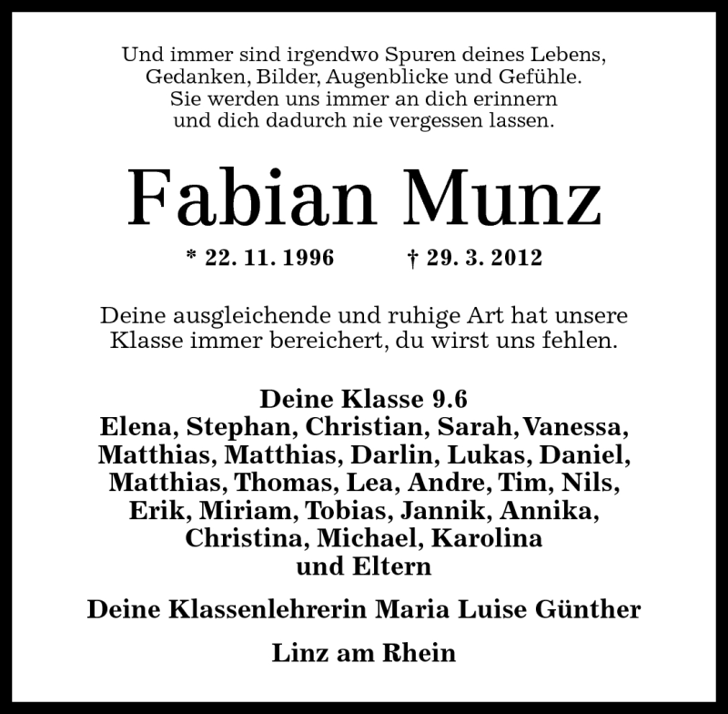  Traueranzeige für Fabian Munz vom 11.04.2012 aus Rhein-Zeitung