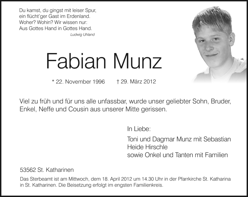  Traueranzeige für Fabian Munz vom 10.04.2012 aus Rhein-Zeitung