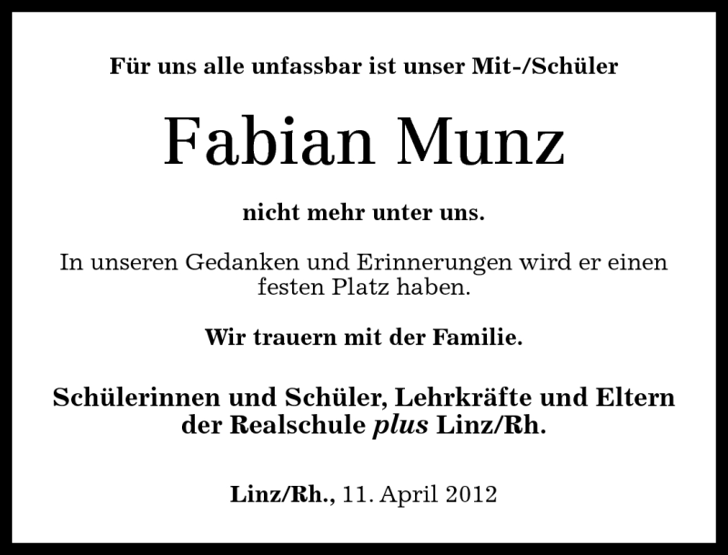  Traueranzeige für Fabian Munz vom 11.04.2012 aus Rhein-Zeitung