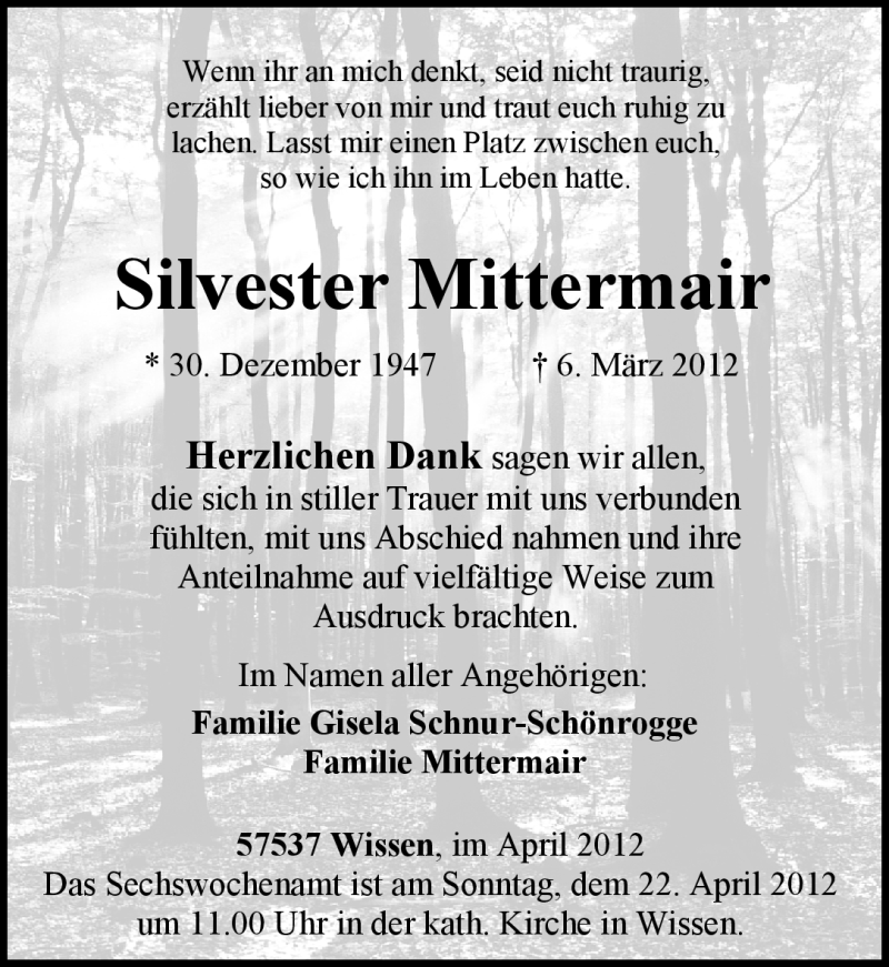  Traueranzeige für Silvester (Vestl) Mittermair vom 21.04.2012 aus Rhein-Zeitung