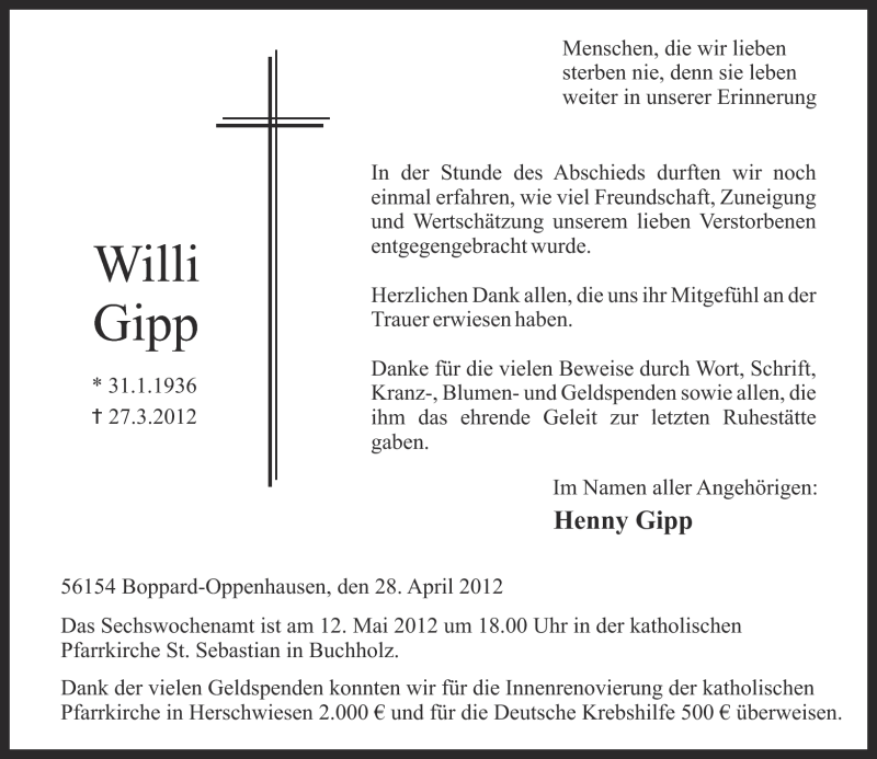  Traueranzeige für Willi Gipp vom 28.04.2012 aus Rhein-Zeitung
