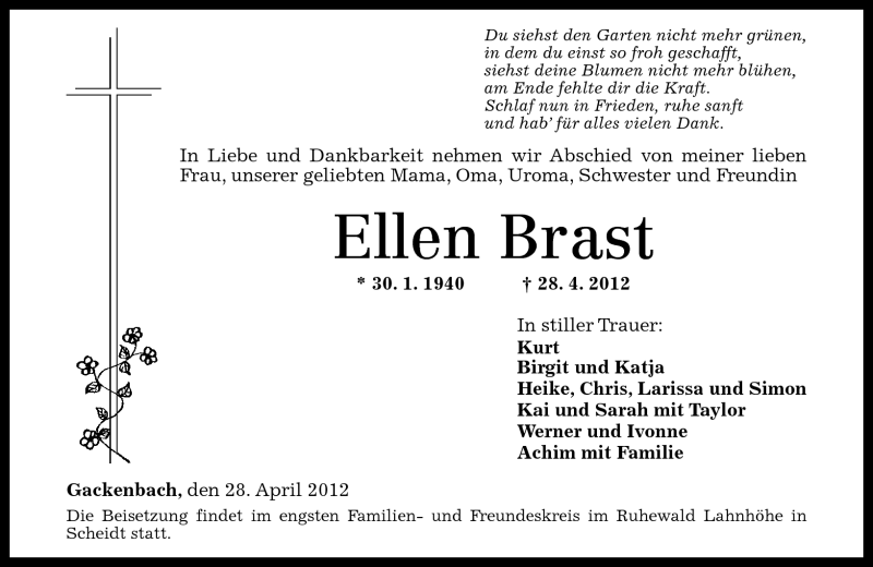  Traueranzeige für Ellen Brast vom 03.05.2012 aus Westerwälder Zeitung