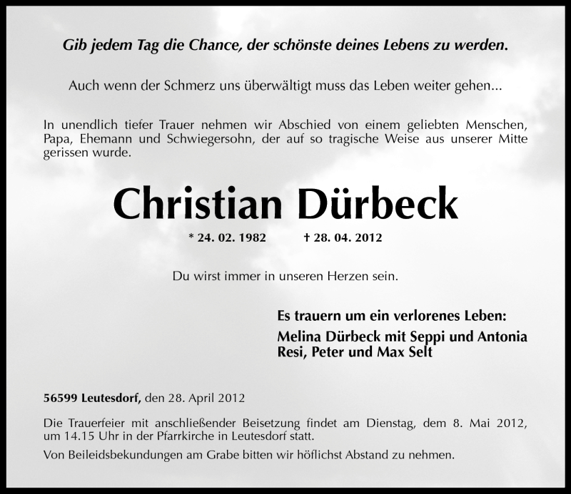  Traueranzeige für Christian Dürbeck vom 05.05.2012 aus Rhein-Zeitung