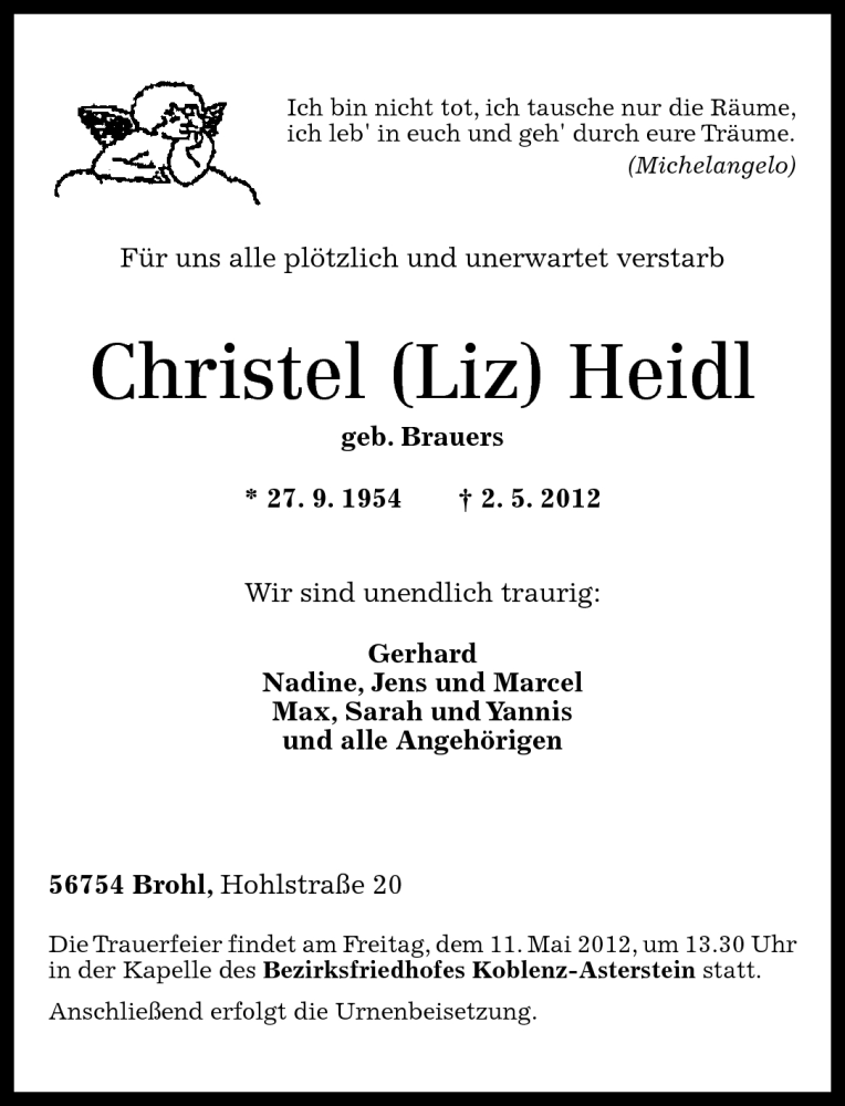  Traueranzeige für Christel Liz Heidl vom 05.05.2012 aus Rhein-Zeitung