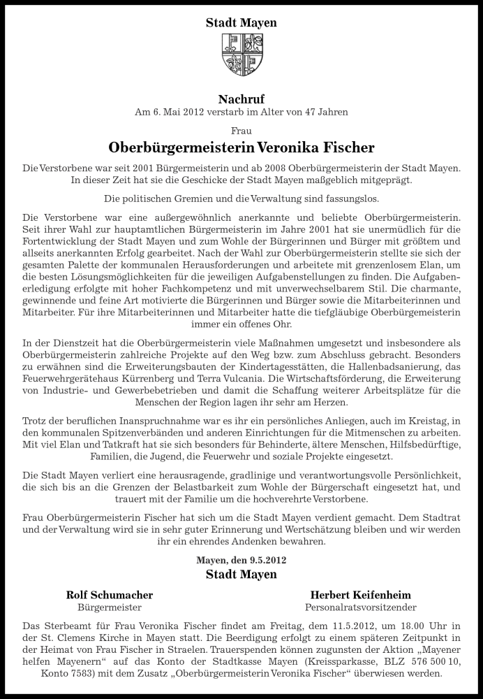  Traueranzeige für Veronika Fischer vom 10.05.2012 aus Rhein-Zeitung