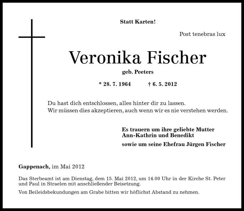  Traueranzeige für Veronika Fischer vom 12.05.2012 aus Rhein-Zeitung