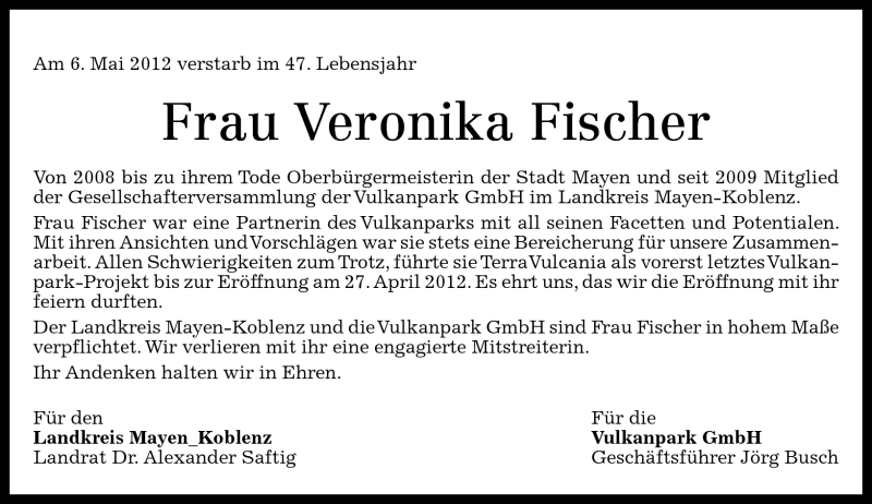  Traueranzeige für Veronika Fischer vom 15.05.2012 aus Rhein-Zeitung