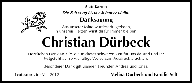 Traueranzeige für Christian Dürbeck vom 19.05.2012 aus Rhein-Zeitung