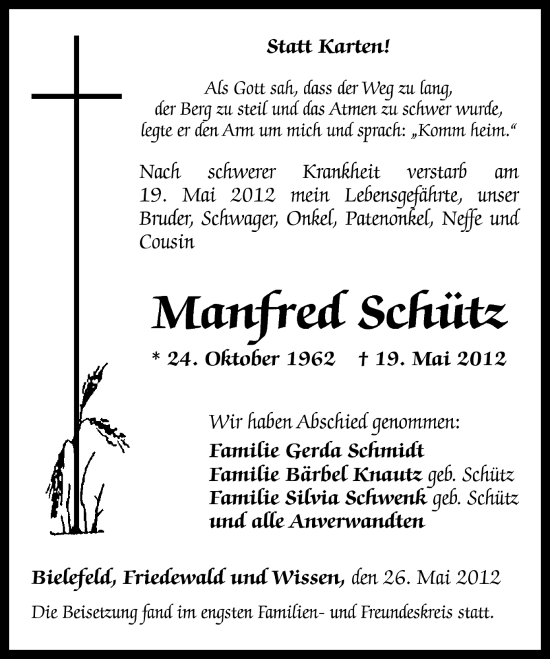  Traueranzeige für Manfred Schütz vom 26.05.2012 aus Rhein-Zeitung