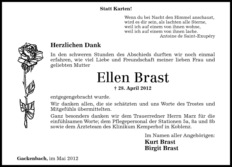  Traueranzeige für Ellen Brast vom 26.05.2012 aus Westerwälder Zeitung