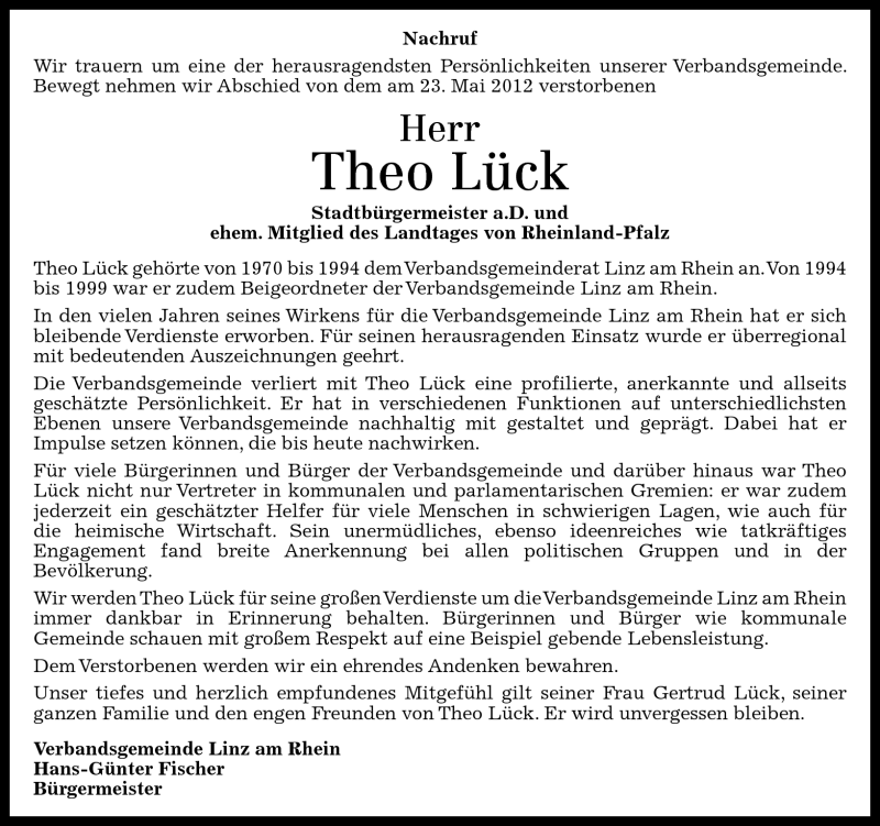 Traueranzeige für Theo Lück vom 29.05.2012 aus Rhein-Zeitung