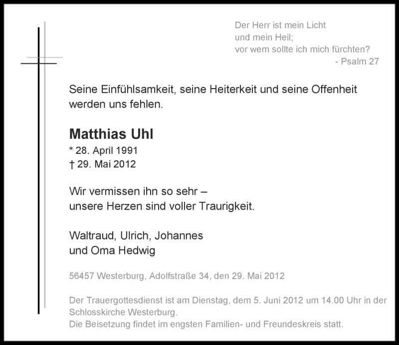  Traueranzeige für Matthias Uhl vom 01.06.2012 aus Westerwälder Zeitung