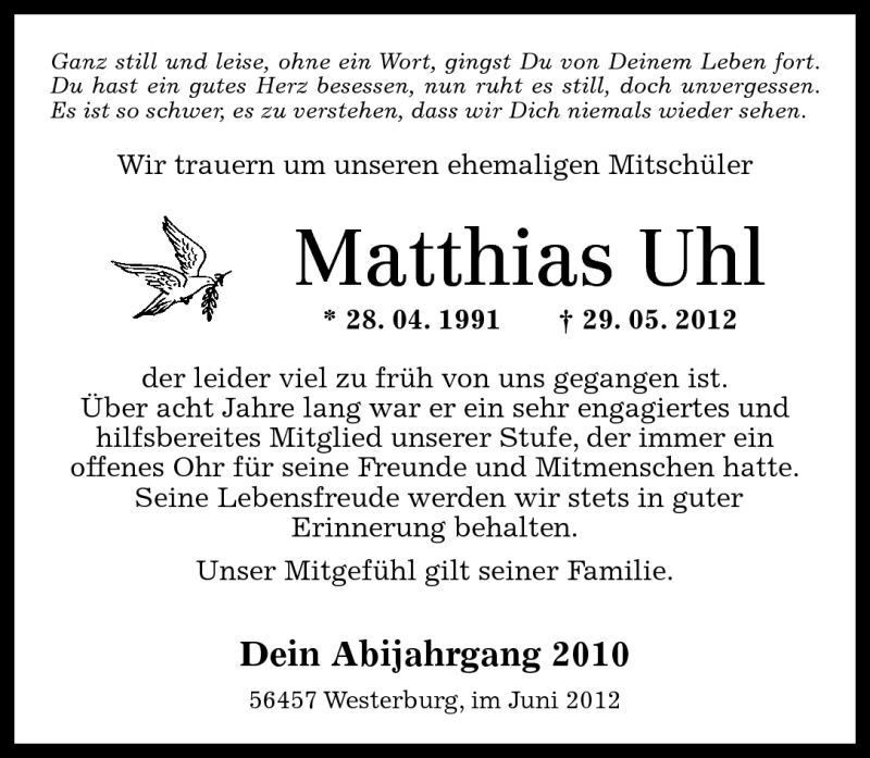  Traueranzeige für Matthias Uhl vom 02.06.2012 aus Westerwälder Zeitung