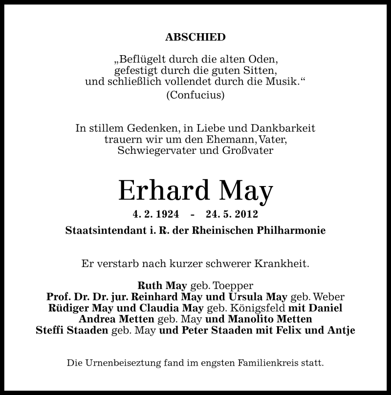  Traueranzeige für Erhard May vom 16.06.2012 aus Rhein-Zeitung