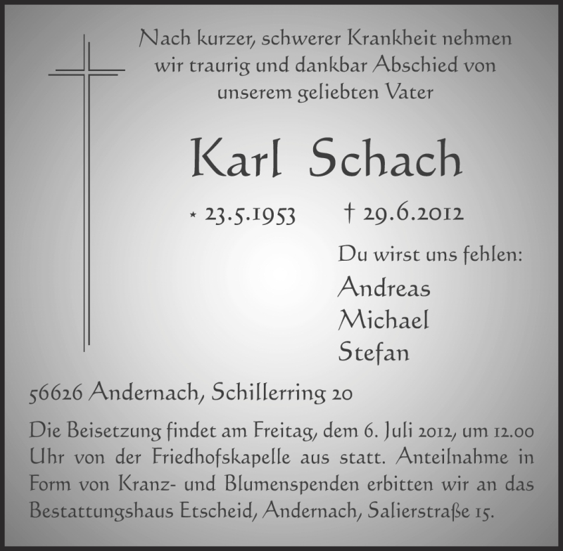  Traueranzeige für Karl Schach vom 03.07.2012 aus Rhein-Zeitung