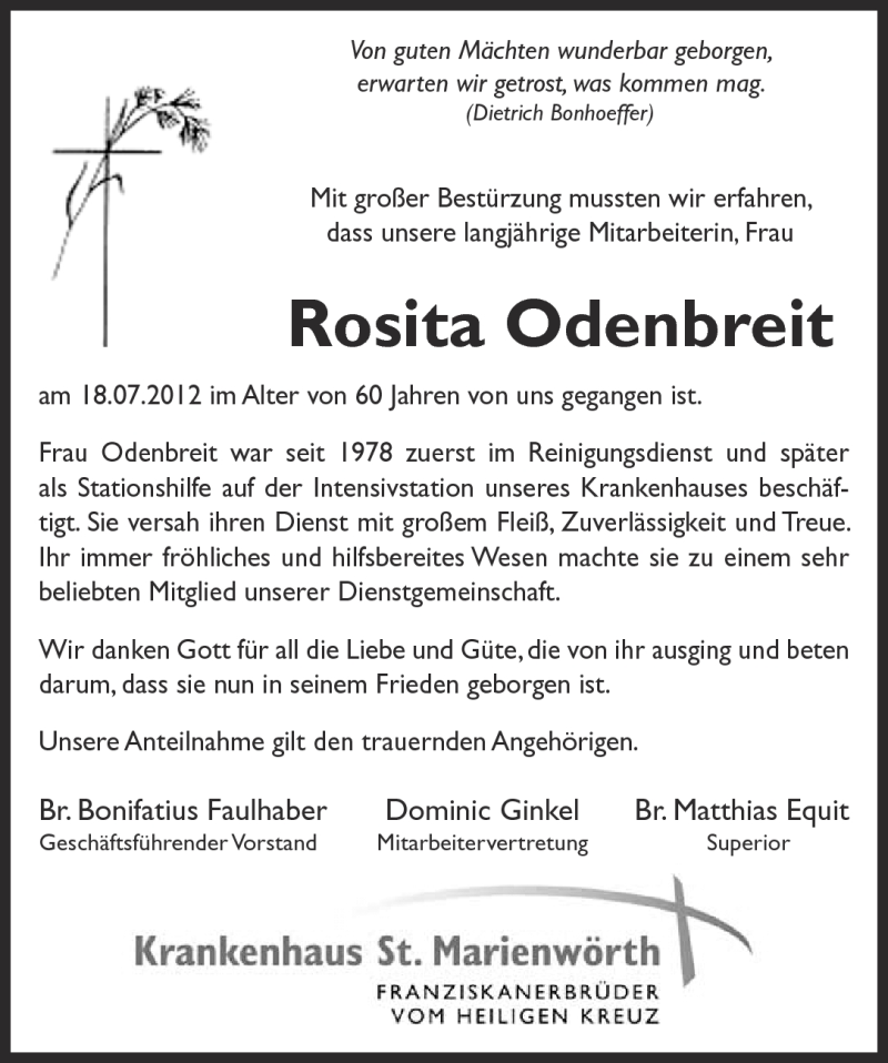  Traueranzeige für Rosita Odenbreit vom 21.07.2012 aus Oeffentlicher Anzeiger