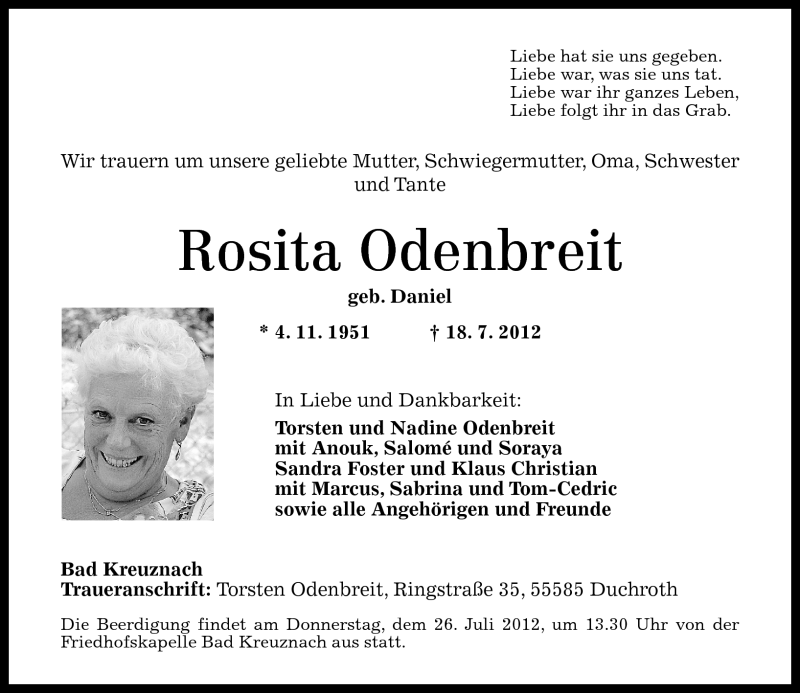  Traueranzeige für Rosita Odenbreit vom 23.07.2012 aus Oeffentlicher Anzeiger