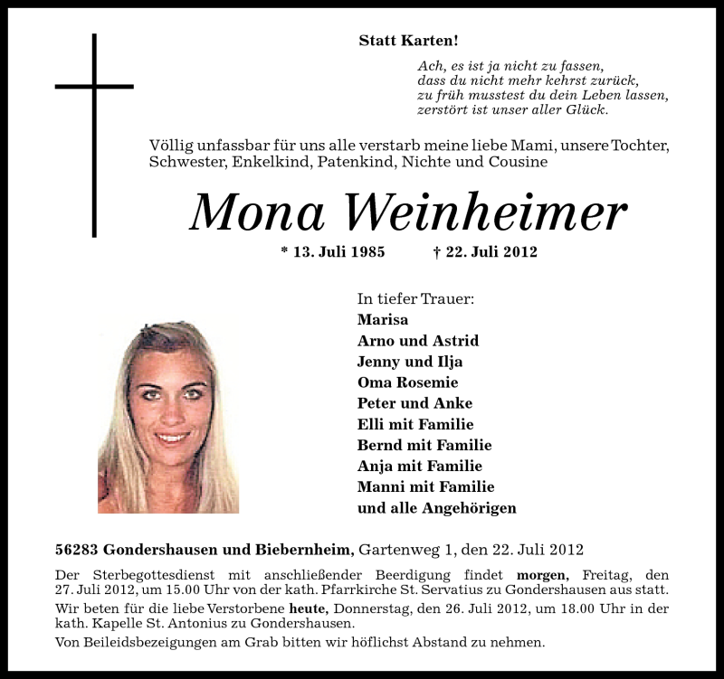  Traueranzeige für Mona Weinheimer vom 26.07.2012 aus Rhein-Hunsrück-Zeitung