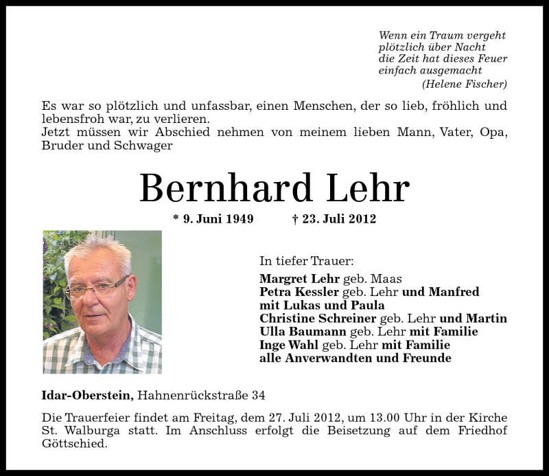  Traueranzeige für Bernhard Lehr vom 26.07.2012 aus Nahe-Zeitung