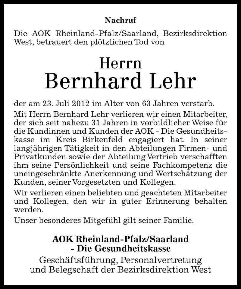  Traueranzeige für Bernhard Lehr vom 27.07.2012 aus Nahe-Zeitung