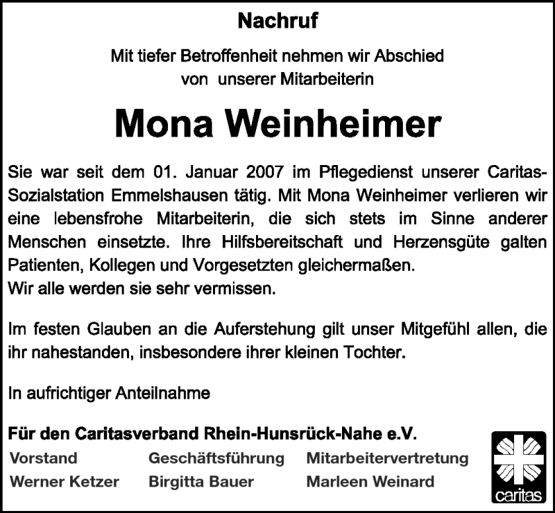  Traueranzeige für Mona Weinheimer vom 27.07.2012 aus Rhein-Hunsrück-Zeitung