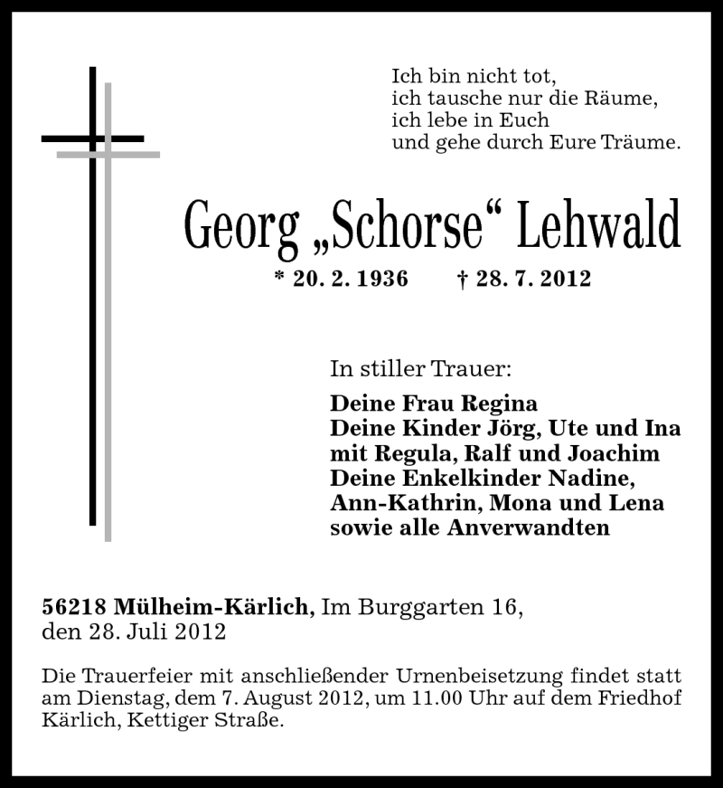  Traueranzeige für Georg Lehwald vom 01.08.2012 aus Rhein-Zeitung