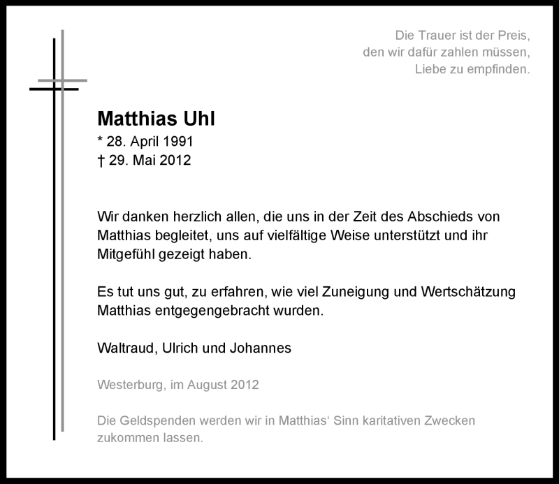  Traueranzeige für Matthias Uhl vom 04.08.2012 aus Westerwälder Zeitung