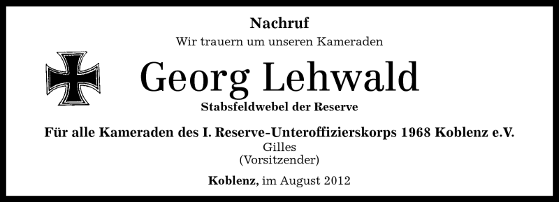  Traueranzeige für Georg Lehwald vom 11.08.2012 aus Rhein-Zeitung