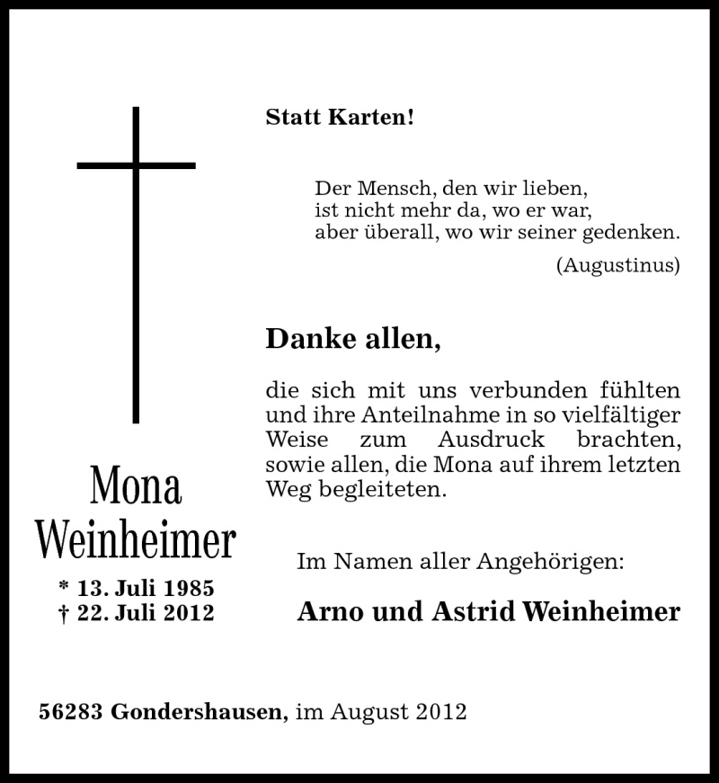  Traueranzeige für Mona Weinheimer vom 11.08.2012 aus Rhein-Hunsrück-Zeitung