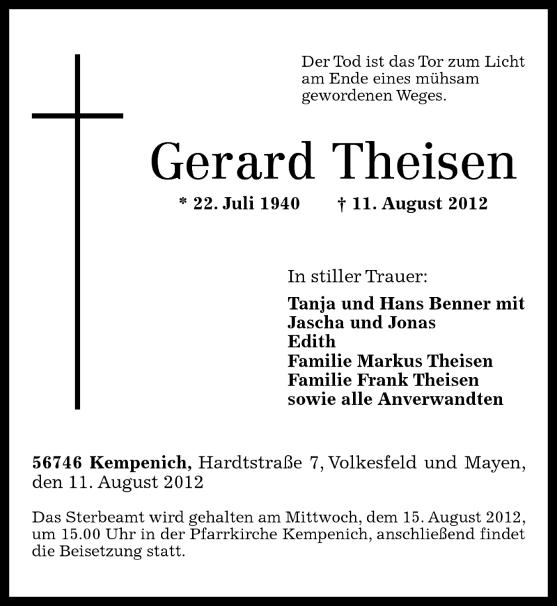  Traueranzeige für Gerard Theisen vom 13.08.2012 aus Rhein-Zeitung