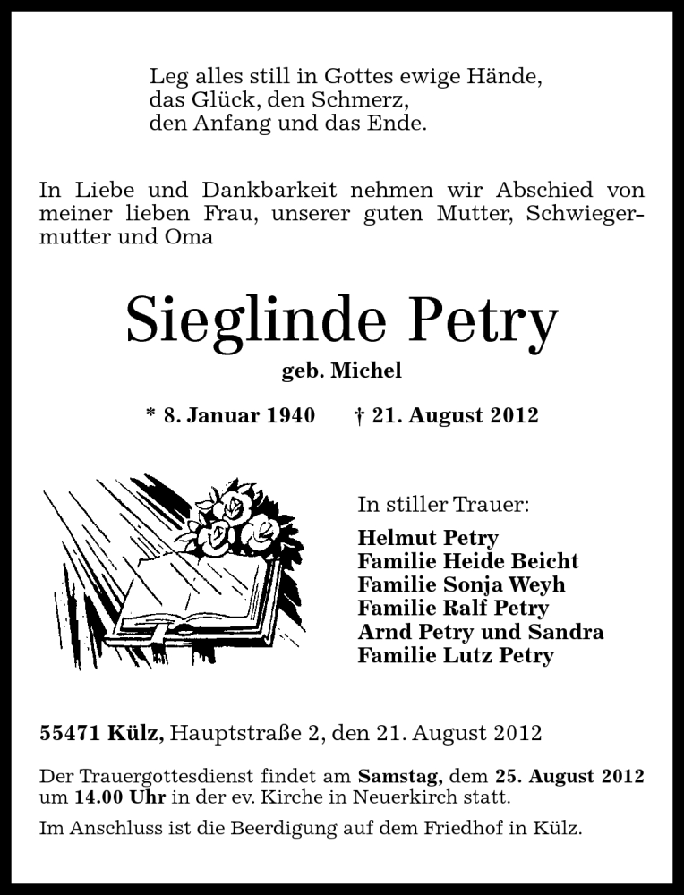  Traueranzeige für Sieglinde Petry vom 22.08.2012 aus Rhein-Hunsrück-Zeitung