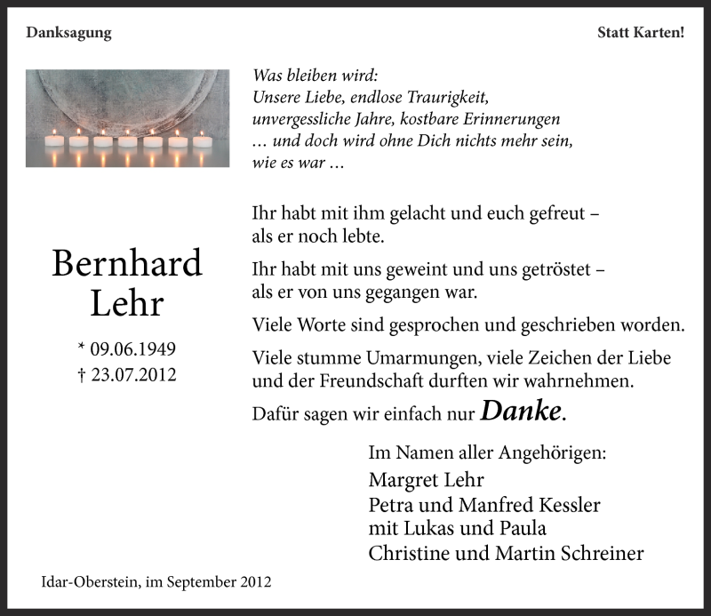  Traueranzeige für Bernhard Lehr vom 01.09.2012 aus Nahe-Zeitung