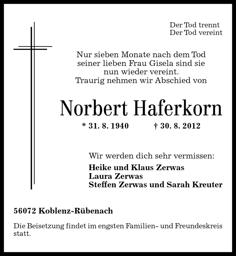  Traueranzeige für Norbert Haferkorn vom 05.09.2012 aus Rhein-Zeitung
