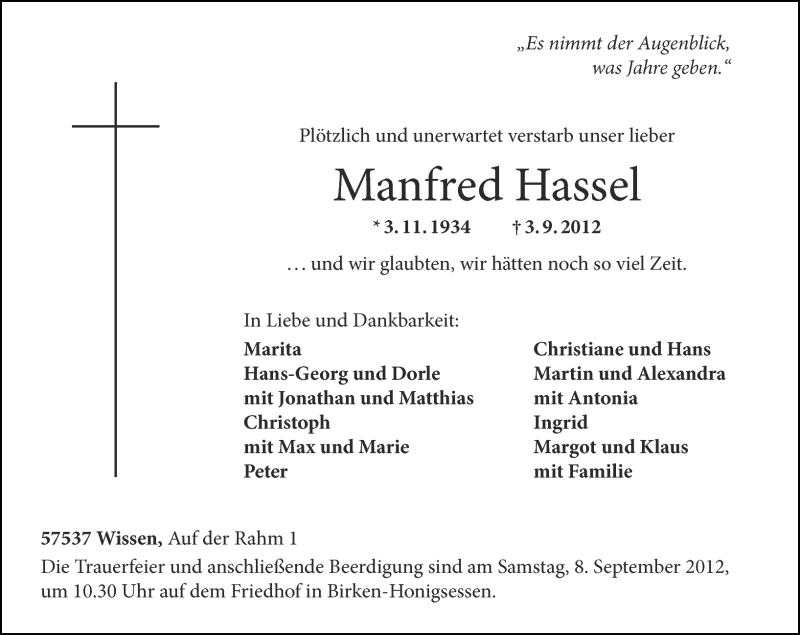  Traueranzeige für Manfred Hassel vom 05.09.2012 aus Rhein-Zeitung