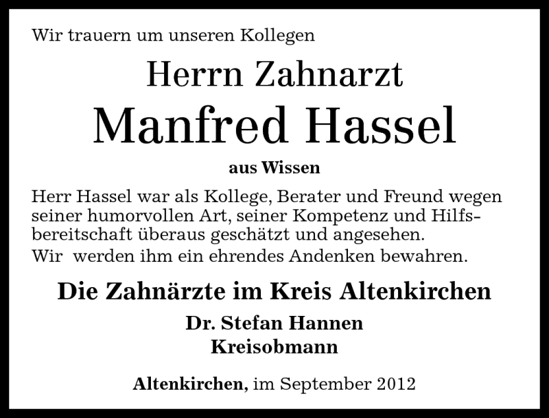  Traueranzeige für Manfred Hassel vom 06.09.2012 aus Rhein-Zeitung