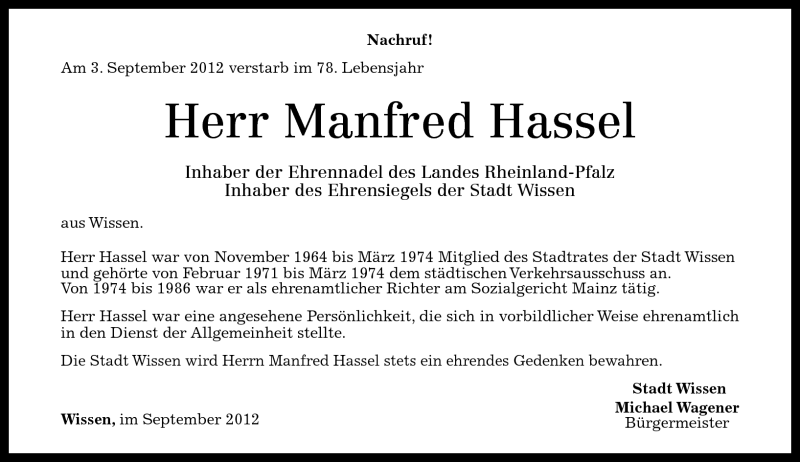  Traueranzeige für Manfred Hassel vom 07.09.2012 aus Rhein-Zeitung